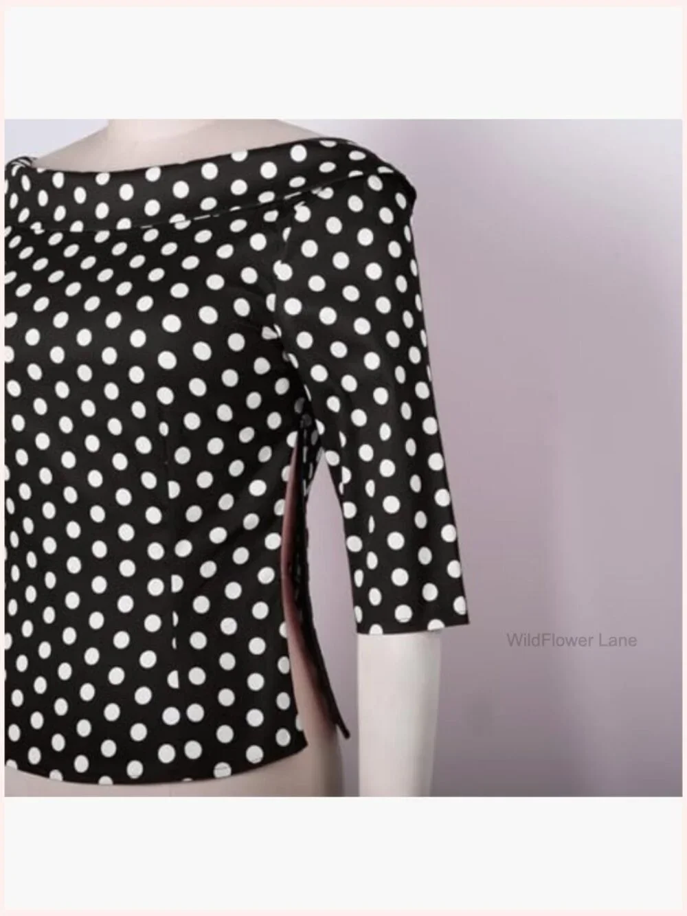 Vintage Pinup Blouse with Back Bow Tie, Medium Sleeves Boat Neck Cotton Top